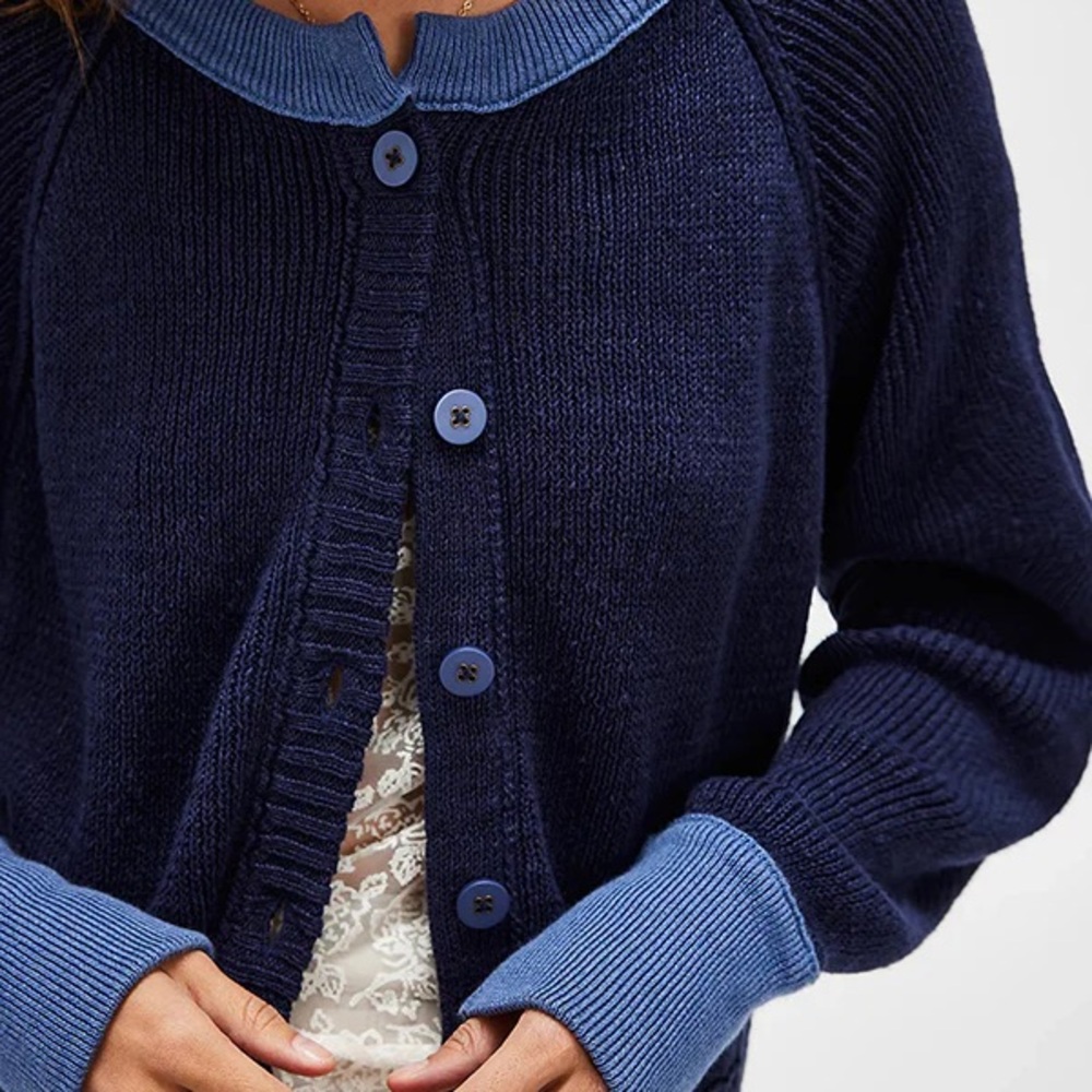 Navy Blue Cardigan with Contrast Trim